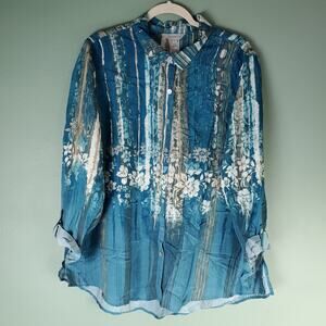Multiples Womens Teal & White Floral Button Up Long Sleeve Shirt Size XL
